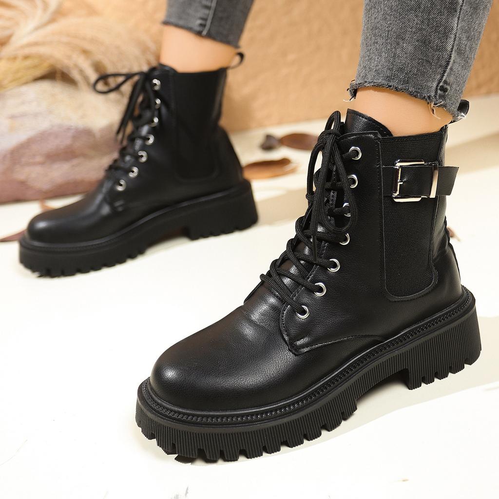 Omen's Boots Classic Black Casual Leather Boots Lace Up Ankle Boots for Women Non-slip Platform Booties Botines Para Mujeres