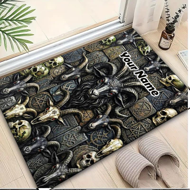 1PC Custom Name "Dark Gothic Skulls Rams" Theme Floor Mat Ideal for Living Room, Game Rooms, Office, Bedroom,Floor Mat Playful Design