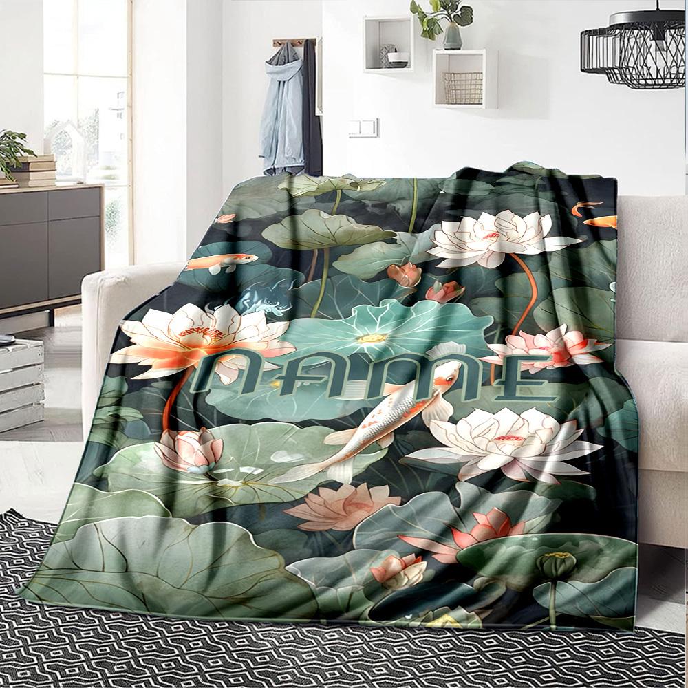 Lotus Flowers And Koi Fish In Pond Gift Customizable Blanket Customize Text Durable Comfort For Sofa Couch Office Bed Picnics Four Seasons