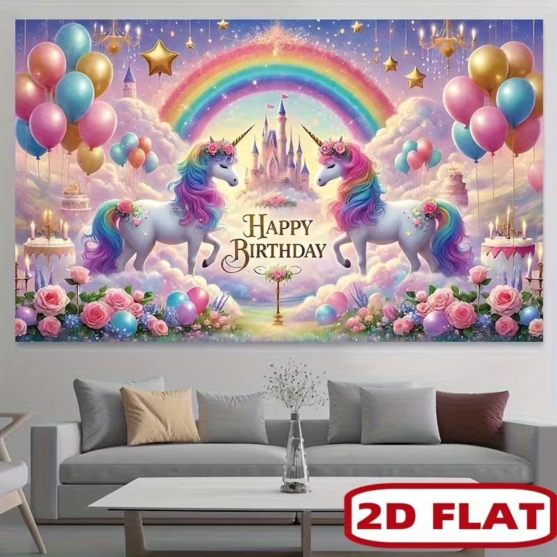 2D Unicorn Happy Birthday Backdrop Rainbow Castle Photography Background for Kids Party
