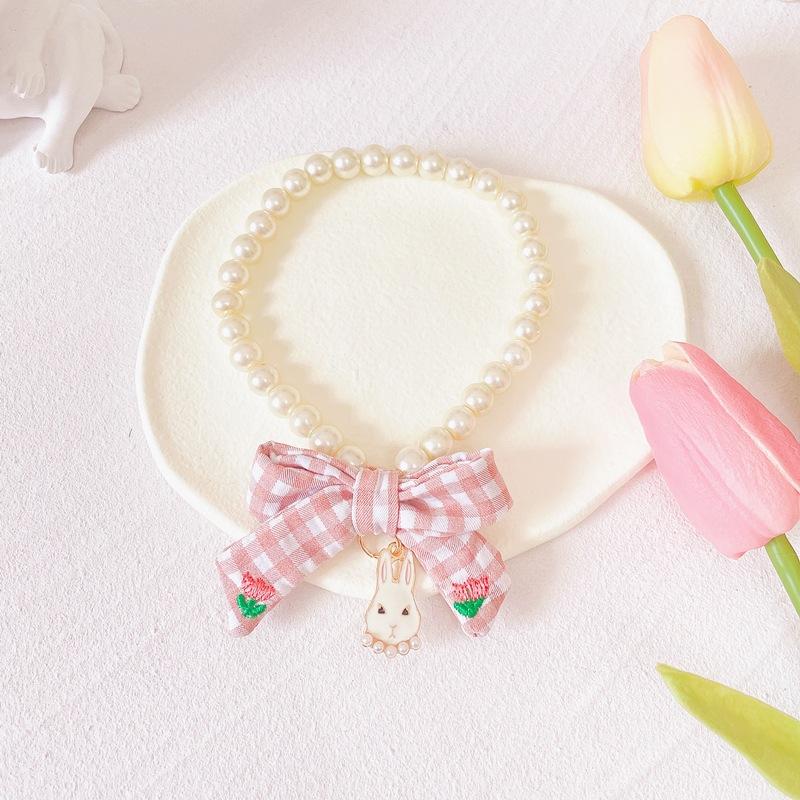 Kitten Puppy Bow Pearl Necklace Houndstooth Bell Neck Ring Cat Dog Apparel Accessories