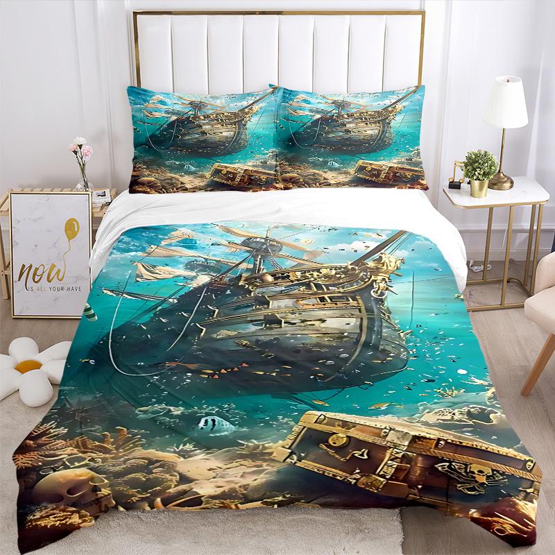 3pcs Pirate Ship Treasure Chest Skull Home Decor Bedding Set - Includes One Quilt Cover and Two Pillowcases (No Core) - Anime Cartoon Design for Bedro