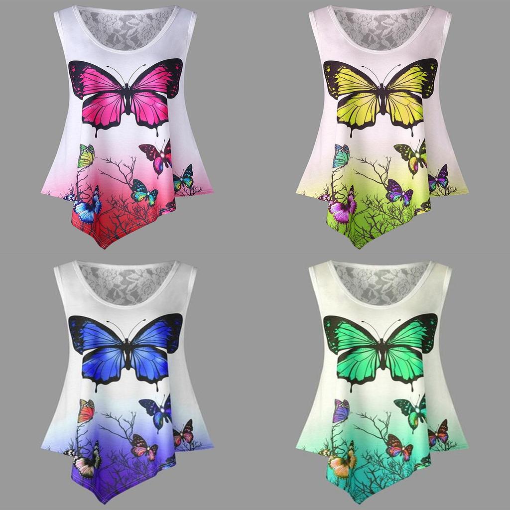 Stylish Women Sleeveless Butterfly Print Lace Patchwork T-shirt For Summer Chic