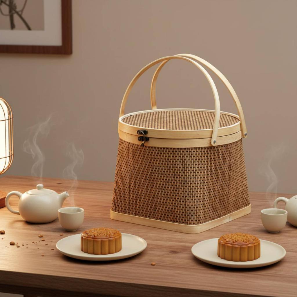 Round Top Square Bottom Basket Handwoven Antique Design Bamboo Container Woven Bamboo Basket with Lid for Holiday Gifts