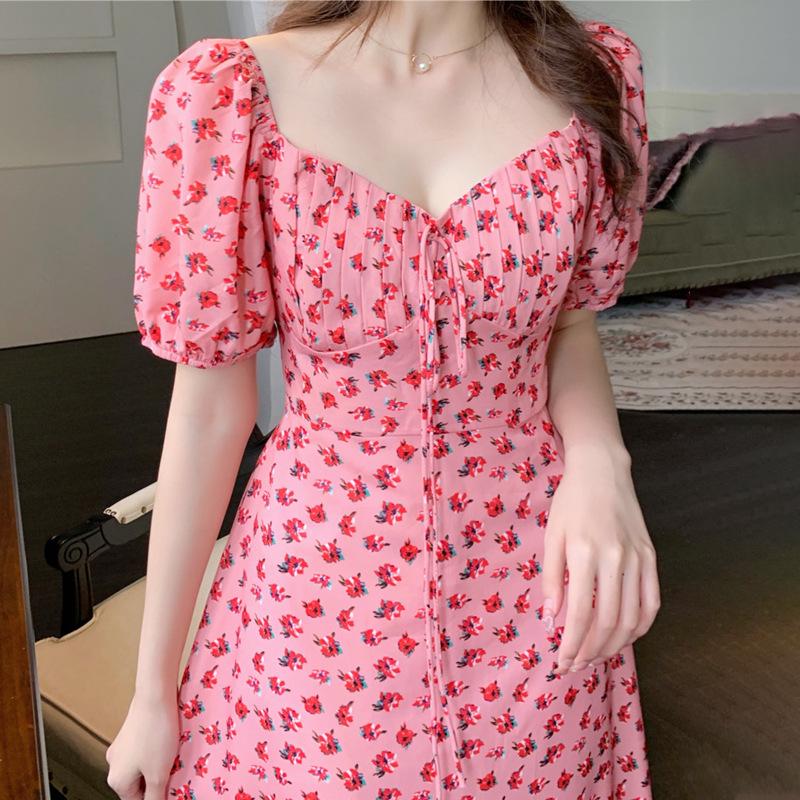 Plus-Size French Floral Chiffon Dress: Summer Puff Sleeve Waist Fairy Skirt