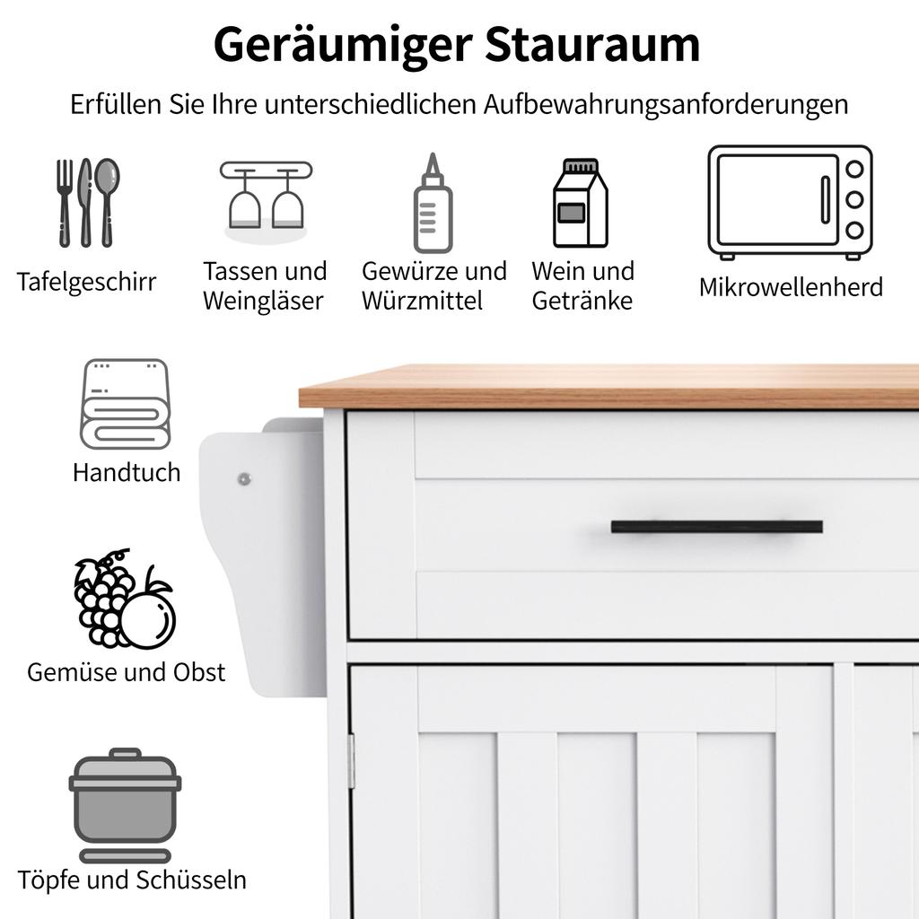 129X46(71)x91.5 cm dining cart/sideboard, worktop with solid wood grain + white cabinet/foldable/storage door design/wheels/solid wood feet switchable