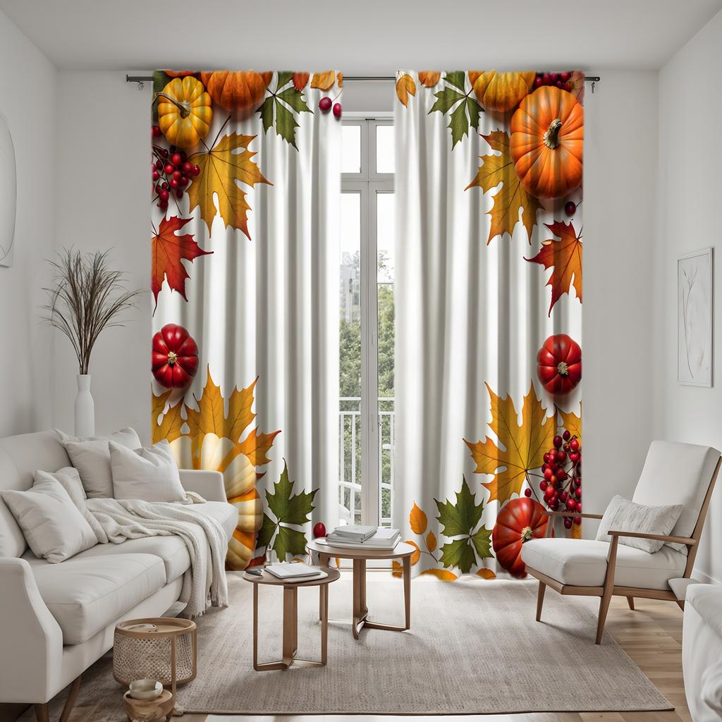 2Pcs Set Hd Harvest Festival Small Fresh Pumpkin Maple Leaf Curtain White Tie Digital Printed Curtain Home Decor Style Decora