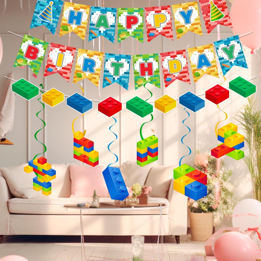 Building Block Party Decorations Banner Swirls, 7PCS Building Blocks Hanging Swirls Decoration Building Blocks Birthday Banner