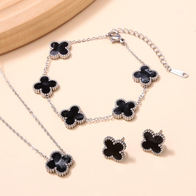 3PCS Double-sided Clover Jewelry Necklace Bracelet Earring Set