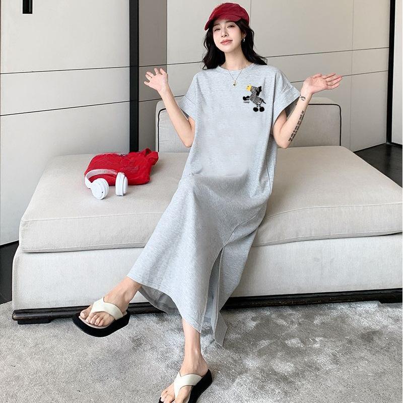 Футболка с короткими рукавами, платье с карманом для женщин, юбка средней длины до колена летом, большой размер, чтобы вы выглядели моложе, с рукавами-крылышками