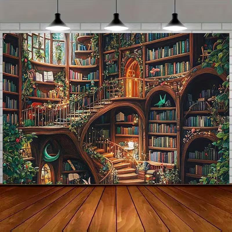 2D Старая зачарованная библиотека Настенный гобелен Магическая книжная полка Настенное искусство для домашнего декора