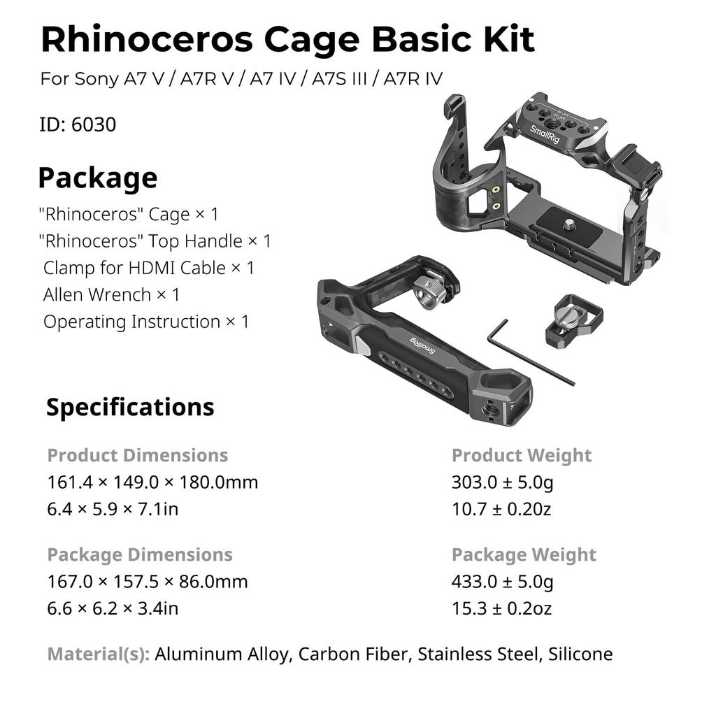 SmallRig Cage Basic Kit for Sony Alpha 7 7R 7 7S 7R IV Includes Top Cable Clamp 6030 "Rhinoceros" V/Alpha V/Alpha IV/Alpha III/Alpha - Handle/HDMI -