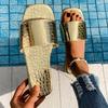 Flat-bottomed Slippers Women's Summer New Square-headed Low-heeled Stone-patterned One-word Cool Slippers