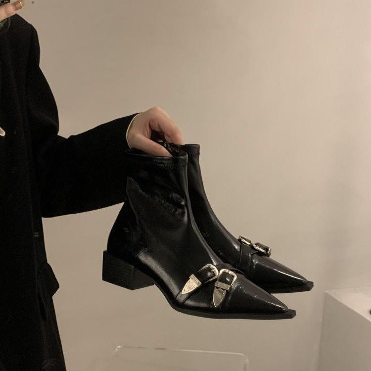 Zipper Women's Boots Autumn Shoes Boots-Women Black Rubber Pointy Med Ladies Rock Ankle PU Hoof Heels Rome Pointed Toe Micr