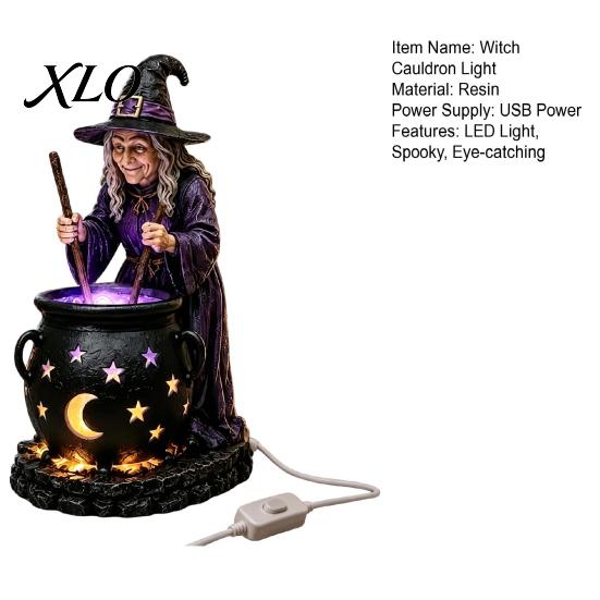 Halloween Witch Cauldron Decor Statue with Glowing Cauldron, USB Powered Resin Black Creative Gift for Friends Pot Figurine Green/Purple LED