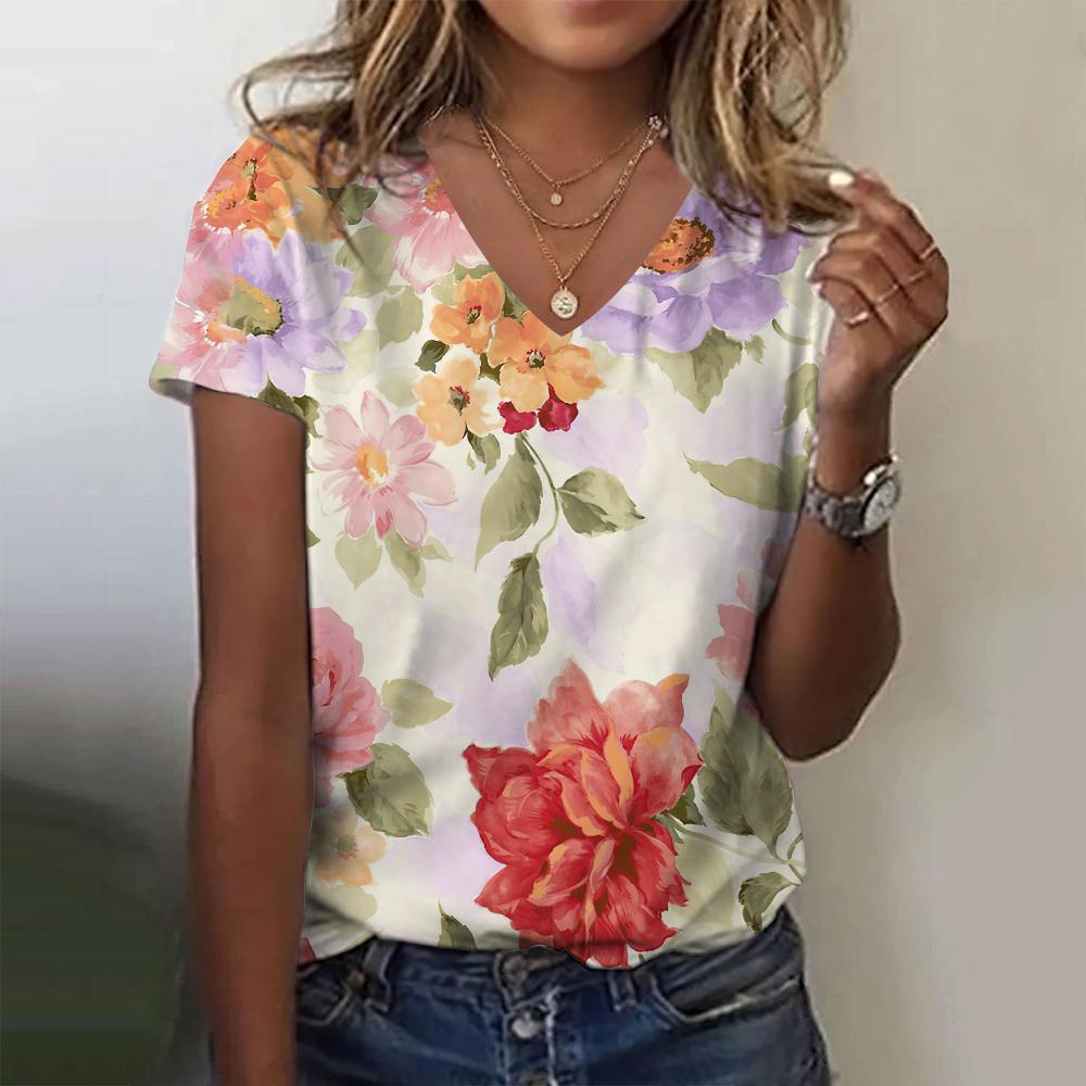 Женская летняя футболка с цветочным принтом 3D-печатью Женский уличный топ Харадзюку с V-образным вырезом Одежда оверсайз