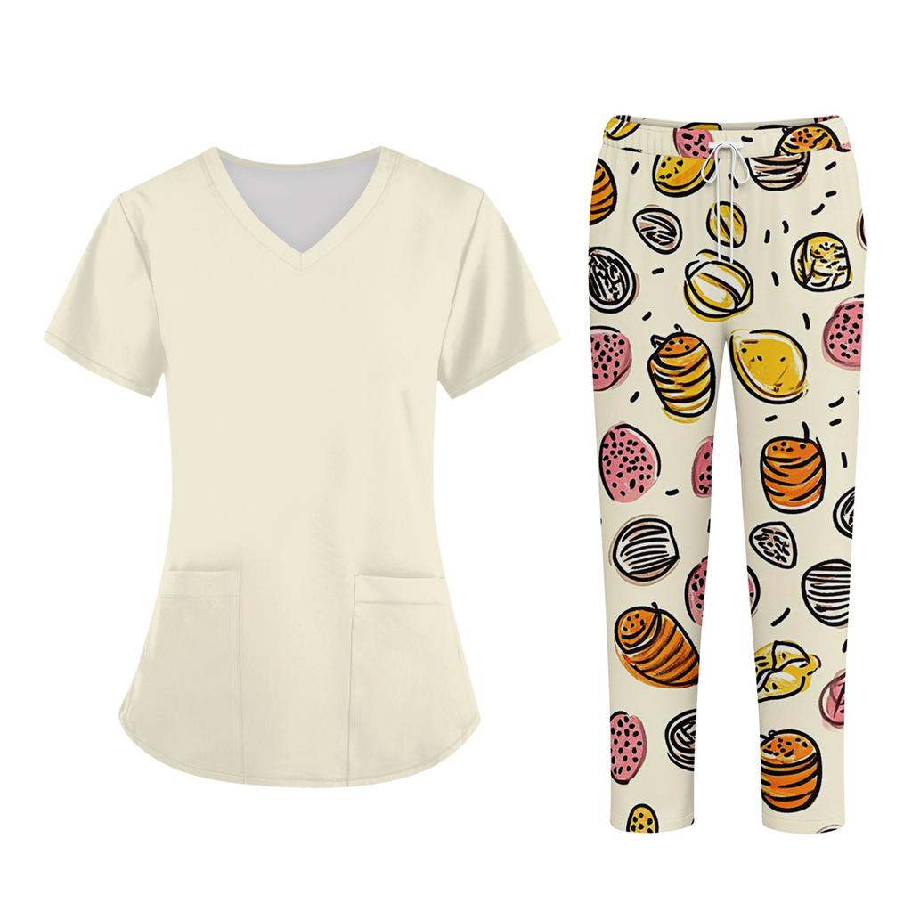 Плюс размерСкраб с принтом Рабочая форма Топы для женщин Крест V-образным вырезом Хэллоуин Принт с короткими рукавами Забавные футболки Спецодежда Футболка с карманами