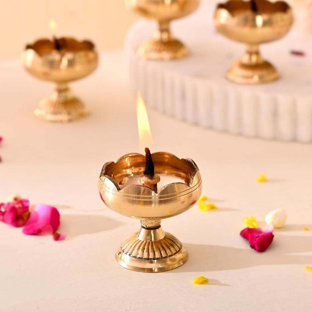 Brass Lotus Diya for Puja Set of 2 - Lotus Flower Diya for Pooja Room , Temple , Mandir, Office, Oil Lamp Diya for Home Decoration