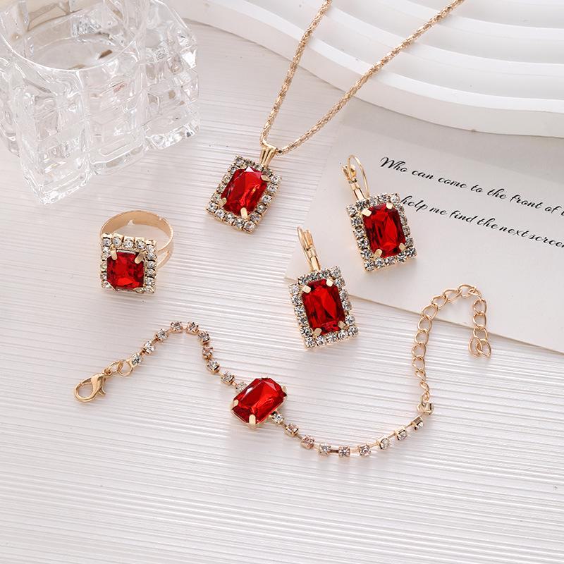 Women's Rhinestone Jewelry Set: Geometric Necklace, Ring, Bracelet & Earrings - 4-Piece Bridal Collection
