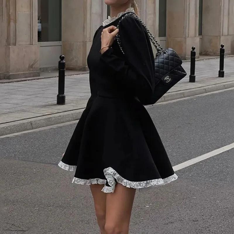 Splice Lace Mini Dress for Women High Waist Slim Elegant Dresses Femme Wedding Retro Temperament Dress Womens Clothes