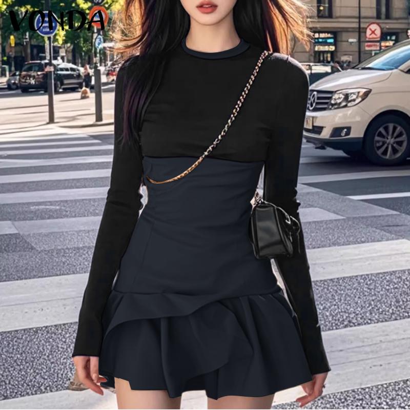 VONDA Женские повседневные платья с круглым вырезом и контрастным цветом, с длинным рукавом, обтягивающие, плиссированные