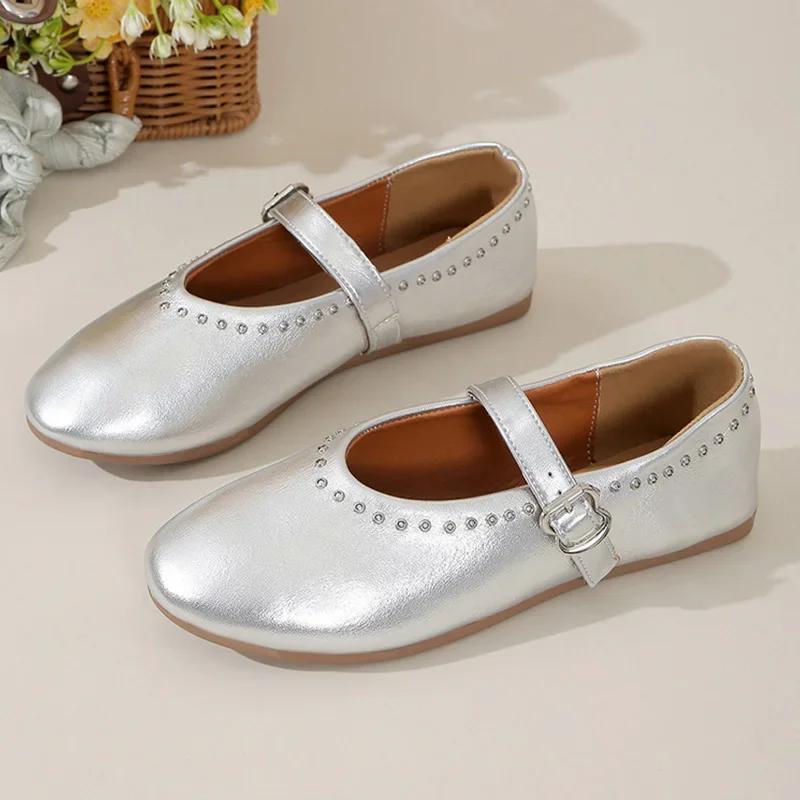 Women Flats Fashion Rivet Loafers Buckle Strap Round Toe Shallow Mary Jane Shoes Lady Soft Sole Leather Pumps Casual Thin Shoes