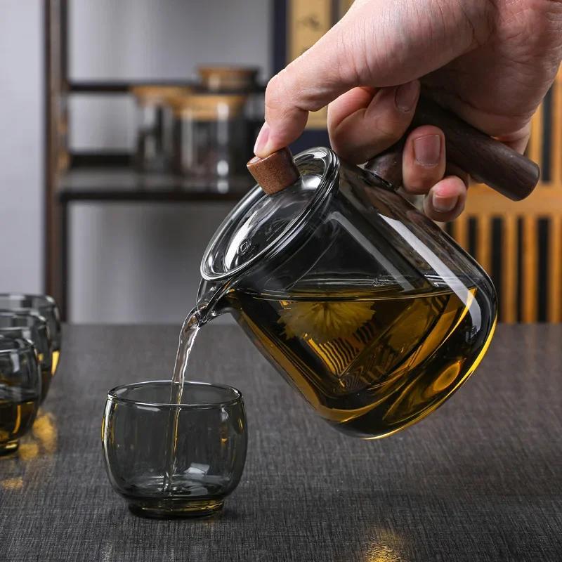 Glass Teapot Wood Handle Chinese Tea Ceremony Transparent Teawear Set Cup Filter High Boron Silicon Janpanese Pot