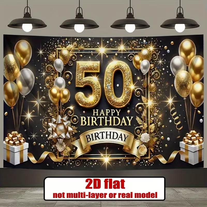 Двумерный Черно-Золотой Счастливый 50-й День Рождения Фон Блестящий Воздушный Шар Декорация Вечеринки Баннер