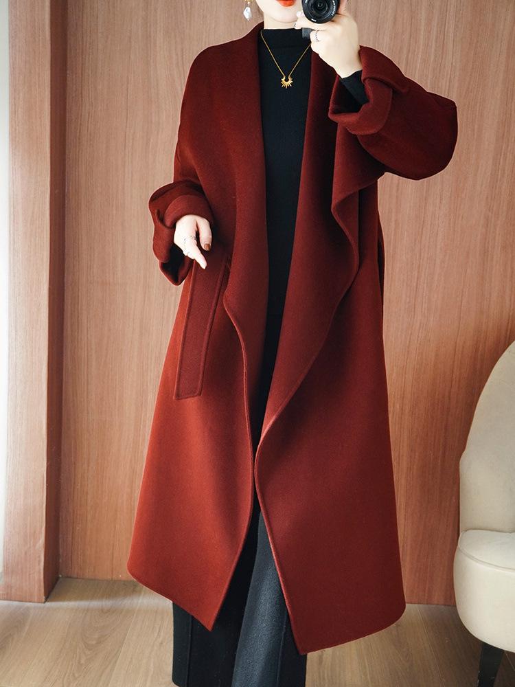 Women's Long Angora Red Double-Faced Cashmere Overcoat - 2025 Autumn/Winter Collection.