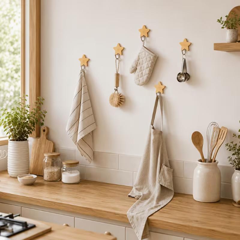 4pcs Self-adhesive star-shaped wooden hooks, strong adhesive wall-hanging hooks, suitable for bathrooms, kitchens and bedrooms
