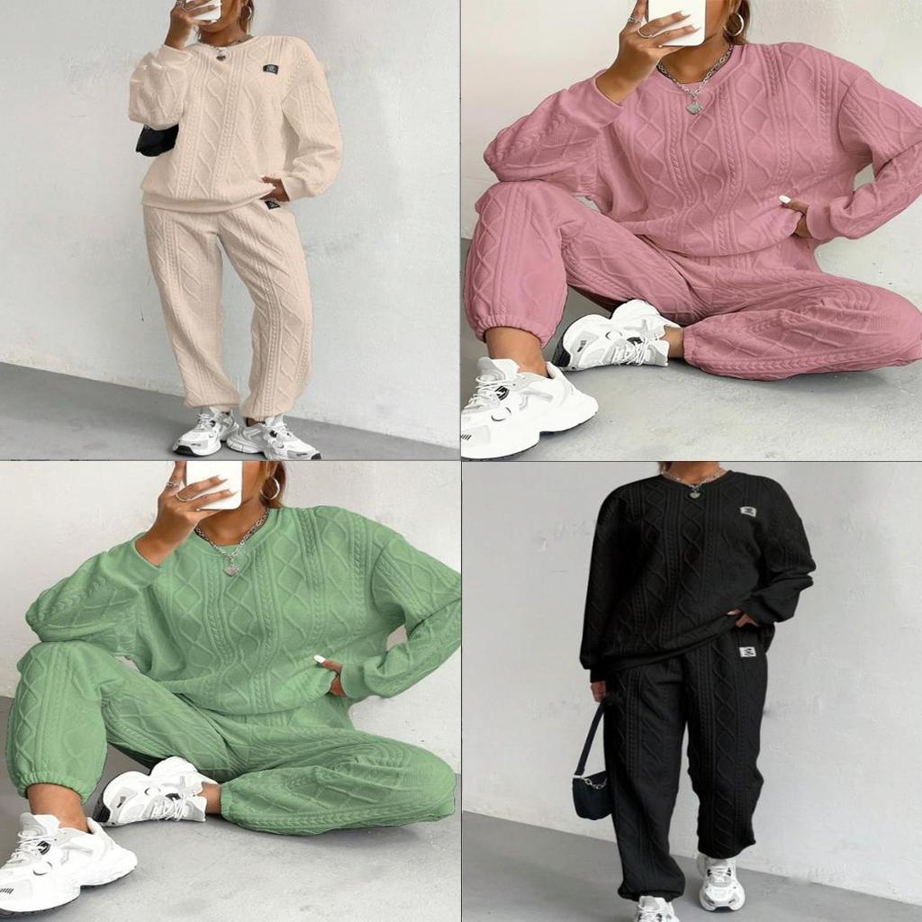 Autumn Winter Trendy Geometric Pattern Knit Pantsuit For Women Casual Lounge Wear