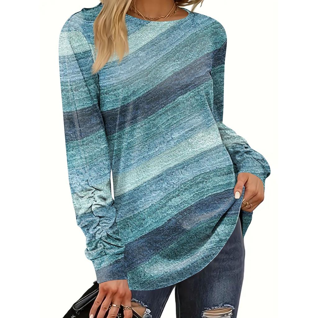 Женская мода, повседневная блузка с длинным рукавом и круглым вырезом, пуловер с принтом