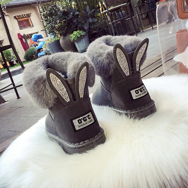 Fashion Short-Tube Snow Boots Women's Shoes Booties Rabbit Ears Rhinestone Non-Slip Wear-Resistant Plus Velvet Thickening Winter Warm