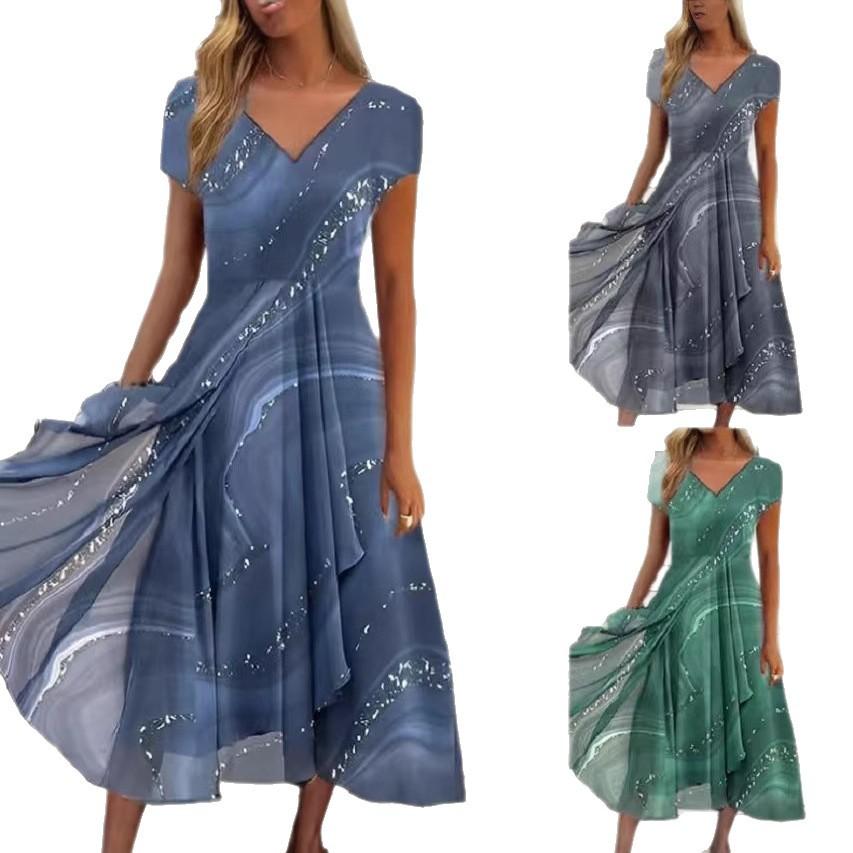 Женское длинное повседневное платье. Летнее платье с короткими рукавами и v-образным вырезом на талии с принтом.