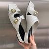 Fashion Metal Buckle Decoration Moccasin Low Heel Slippers Women Fashion Square Toe Open Toe Slide Sandals Casual Ladies Beach Sandals