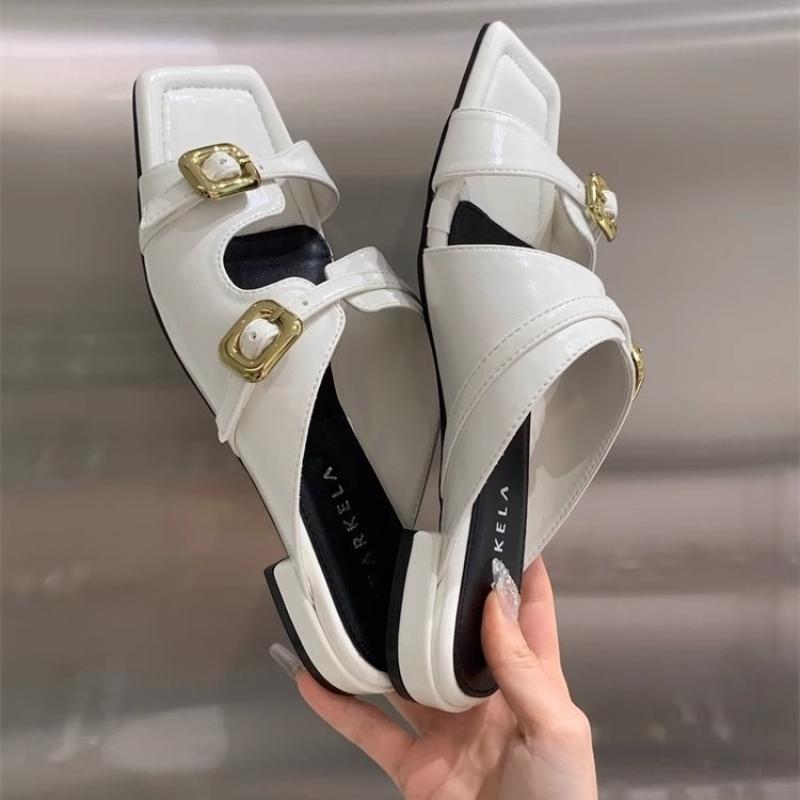 Fashion Metal Buckle Decoration Moccasin Low Heel Slippers Women Fashion Square Toe Open Toe Slide Sandals Casual Ladies Beach Sandals