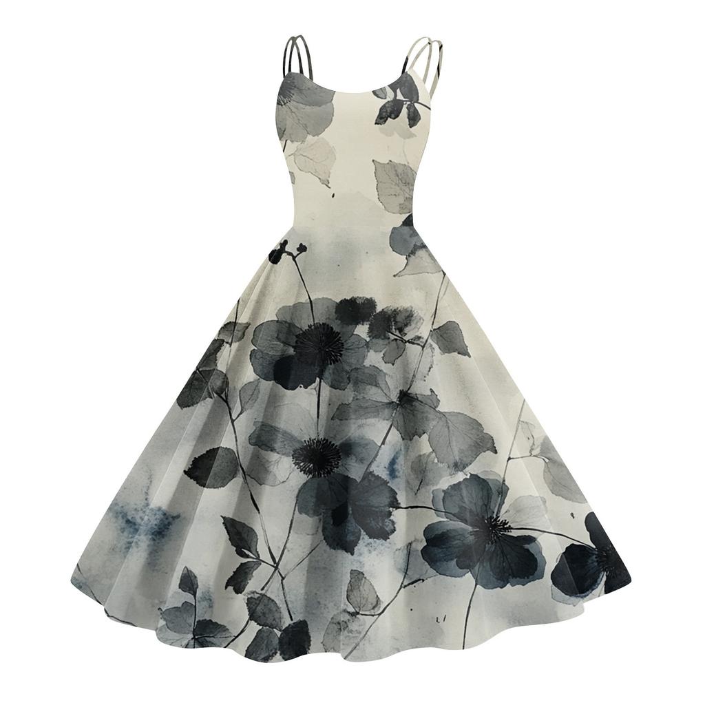 Women's Casual Fashion Flower Print Sexy Off Shoulder Punk Retro Dress Retro Dress Dress