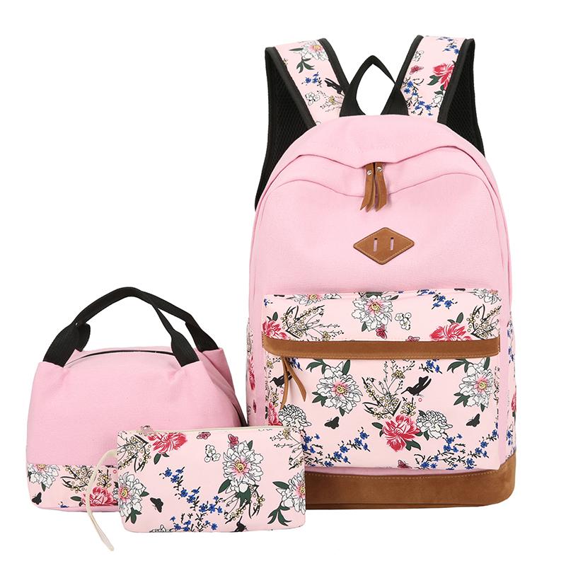 Girl Flower Printed Primary Junior High University Bookbag Lunch Bag Pencil Case 3pcs Backpack Sets Youth School Backpacks