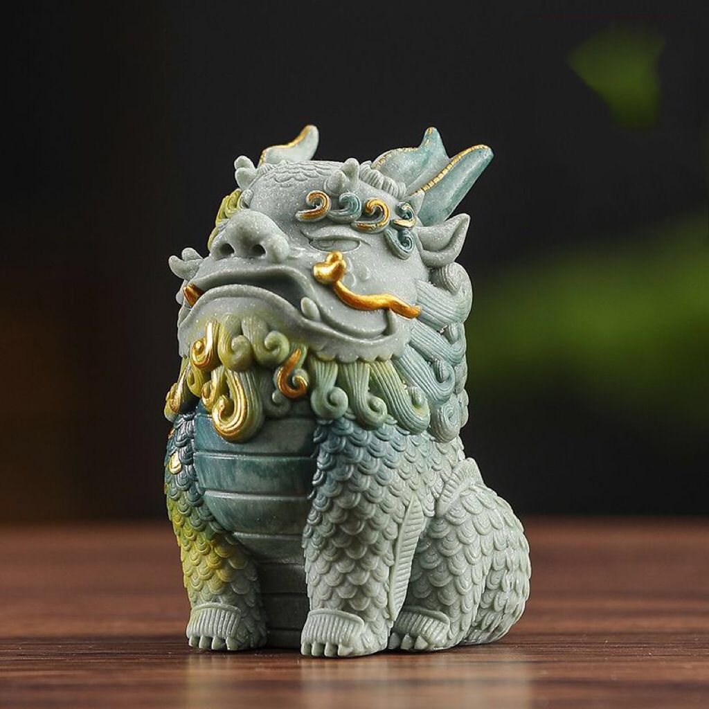 Sandstone Pixiu (mythical creature) figurine, a decorative item for office desks and workstations, featuring a Qilin (mythical creature)
