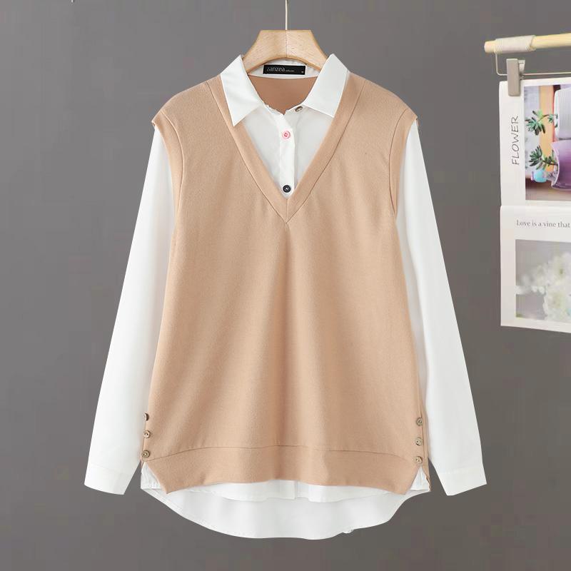 ZANZEA Женские винтажные поддельные рубашки-двойки с длинным рукавом контрастного цвета