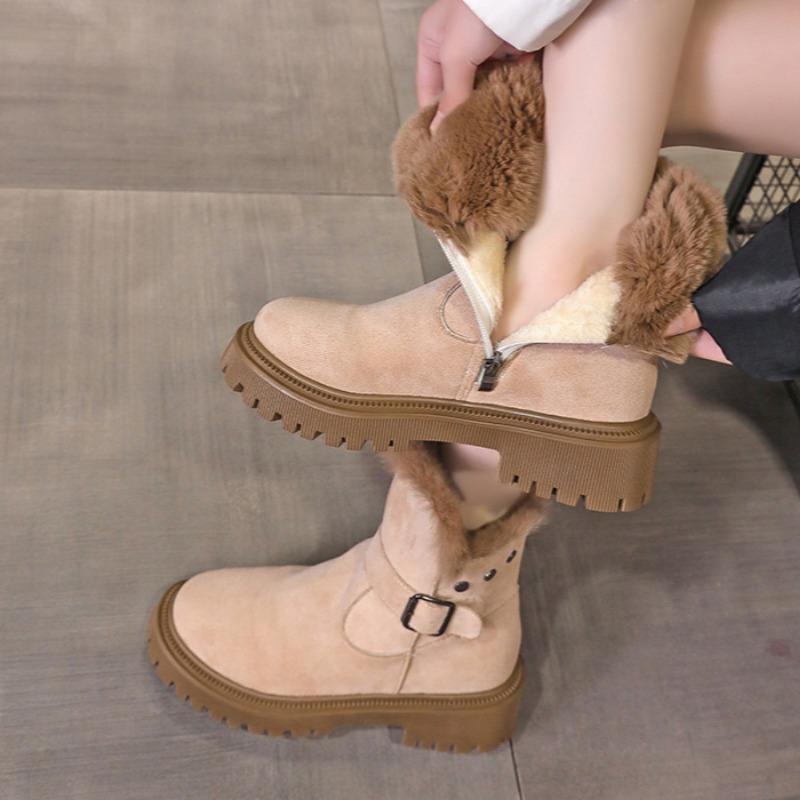 Женские меховые замшевые зимние сапоги на платформе, плюшевые теплые туфли на высоком каблуке, зимняя мода 2025 года, нескользящие, массивные туфли для ходьбы, модные ботинки Mujer
