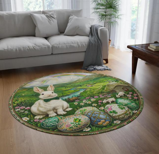 Easter Bunny Round Rug Floral Egg Decor Non-Slip Cotton Base Luxury Modern Area Rug Elegant Living Room Minimalist Mat Gift