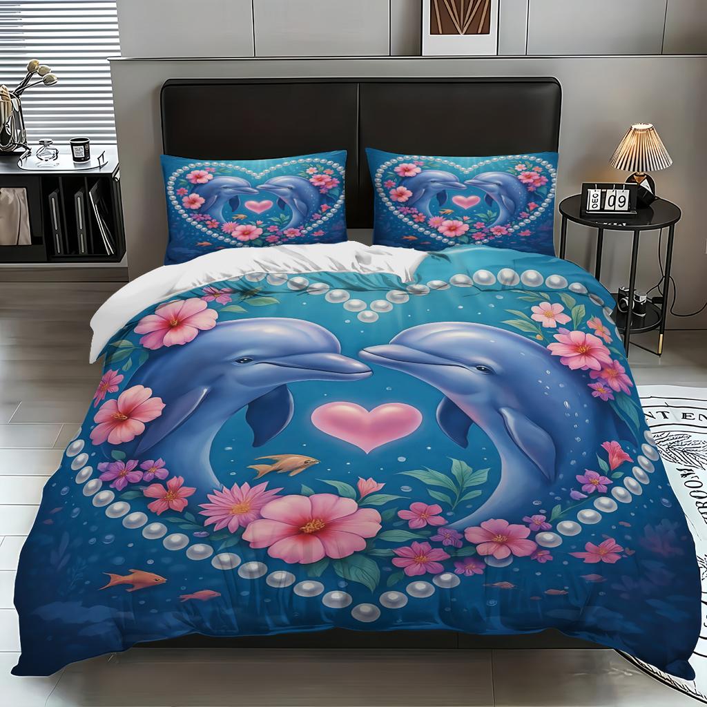 3 Romantic Blue Jumping Dolphin Print Duvet Covers Set 1 Down Duvet Cover+2 Pillowcases Coreless. Soft And Comfortable
