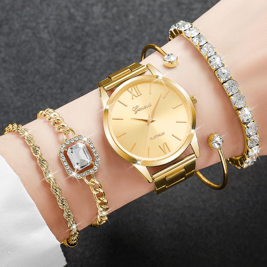 5 шт./набор Женские роскошные часы Тренд Простые элегантные кварцевые аналоговые часы Инкрустированный бриллиантами браслет(Коробка не входит в комплект)