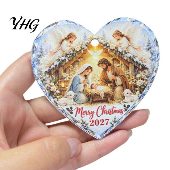 Rustic Wood Nativity Ornaments Wooden Hanging Ornament for Christmas Tree Decorations, Retro Religious Decorative Hearts Scene Garland Decoration