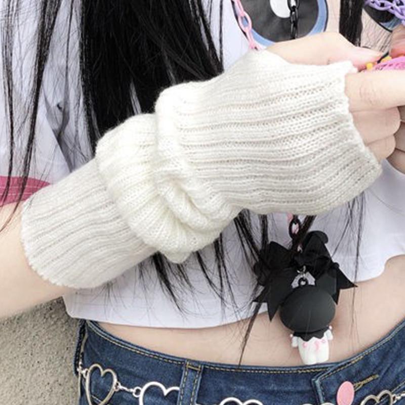 White Fingerless Gloves JK Knitted Sleeves Women Hip Hop Sunscreen Arm Protection Japanese Harajuku Gloves Keep Warm Gloves
