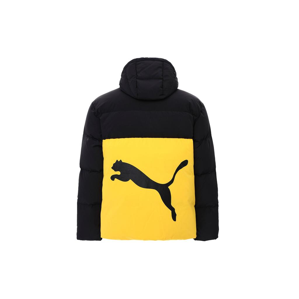 Puma Логотип с принтом в стиле пэчворк, воротник-стойка с животным узором, пуховик с капюшоном и буквами, мужская верхняя одежда, желтый 534502-01