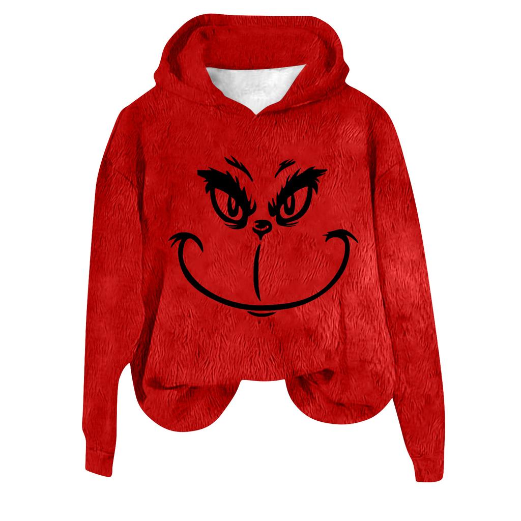 Women's Hooded Long Sleeve Christmas Printed Flannel Top Hooded Sweatshirt