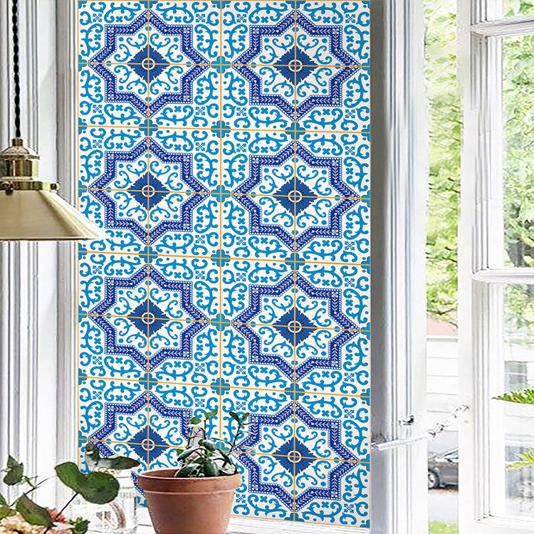 Blue Geometry Window Film Privacy Static Cling Non Adhesive Film Stained Glass Vinyl Film Sun Blocking Window Sticker Decoration