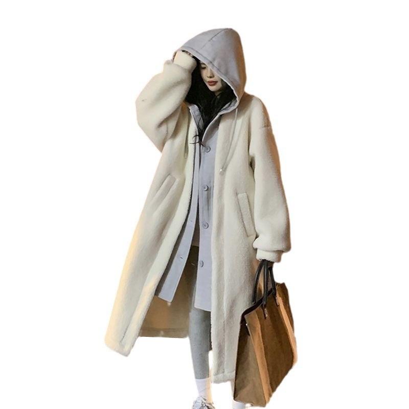 Длинное пальто из искусственной овчины с капюшоном для женщин - зимняя мода, однотонное, с пуговицами